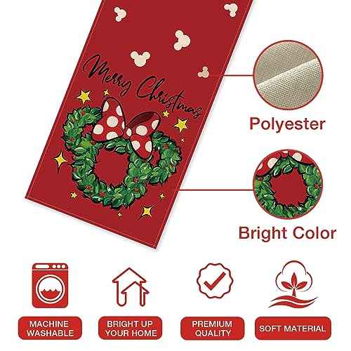 Seliem Merry Christmas Wreath Table Runner, Xmas Red Polka Dot Bow Stars Kitchen Dining Table Decor, Winter Holiday Farmhouse Home Decoration Indoor Outdoor Party Supply 13 x 72 Inches