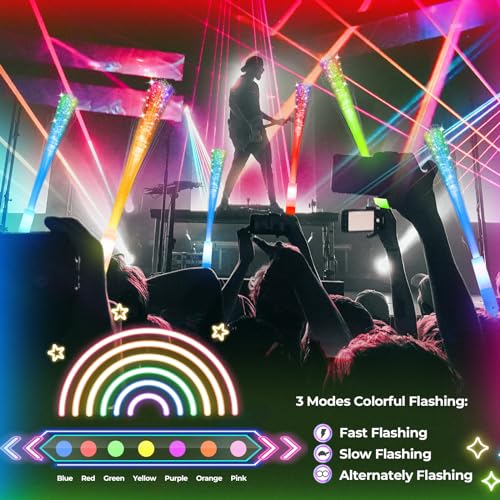 Glow Fiber Optic Wands Set - 100 LED Flashing Light Sticks for Party, Wedding, Halloween & New Year - Color Pack