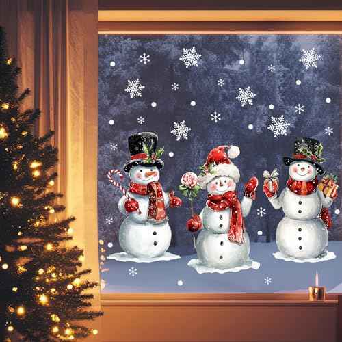 Mfault Christmas Snowman Window Clings, Xmas Snowflakes Snowballs Stickers Decals Decorations, Winter Holiday Gifts Peppermint Candy Cane Home Kitchen Decor