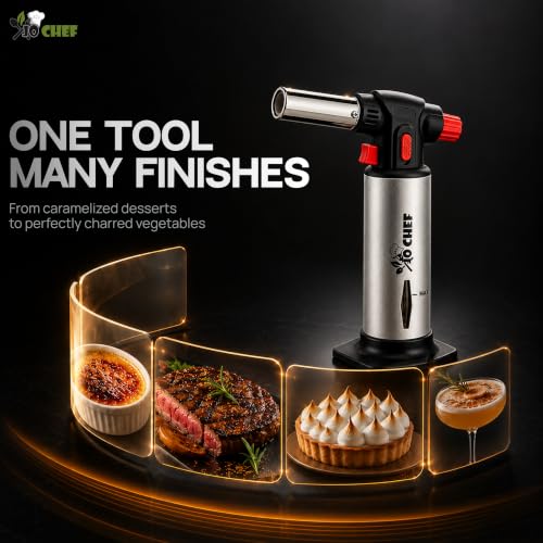 Jo Chef Refillable Kitchen Torch with 2 Butane Cans & Accessories - Silver/Black