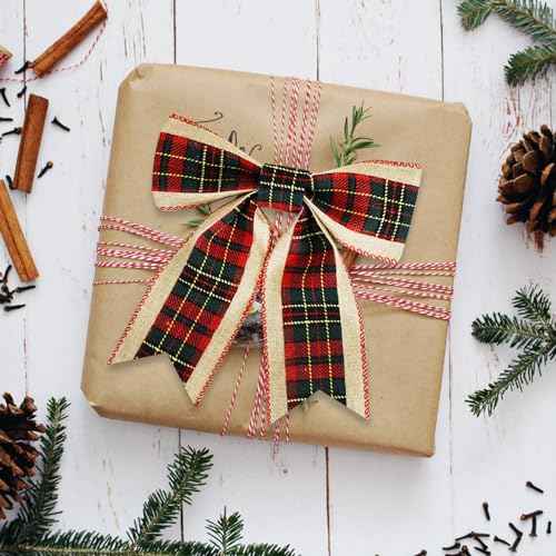 TONIFUL 2 Rolls-2.5 Inch Green and Red Plaid Check Burlap Ribbon, Burlap Wired Ribbon for Crafts Ornament Wrapping, Bows Making, Room and Party Decoration (6yds/roll)