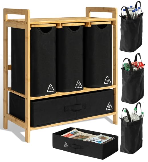 Black 4-Section Bamboo Recycling Bin for Kitchen & Office – Dual Trash & Recycle Organizer