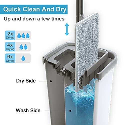 White Mop and Bucket Set with 3 Microfiber Pads - Hands-Free Flat Floor Cleaning System