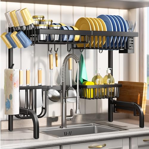 Over The Sink Dish Drying Rack Black - Adjustable 25.5-33.5 Inches, 2-Tier Kitchen Organizer