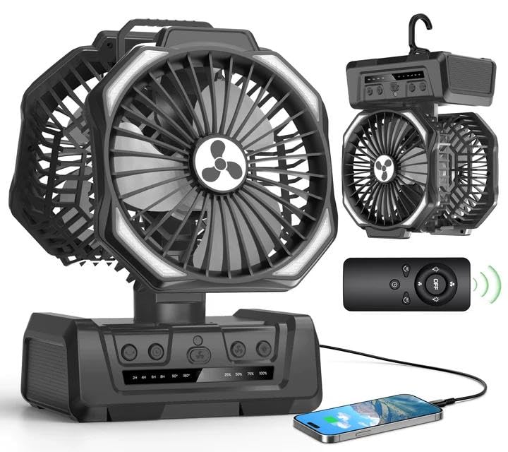 Black Dual Head Portable Rechargeable Fan 20000mAh Battery Powered Outdoor Fan