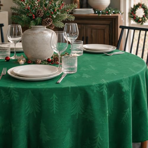 Horaldaily Green Jacquard Round Tablecloth 60x60 Inches for Indoor & Outdoor Use