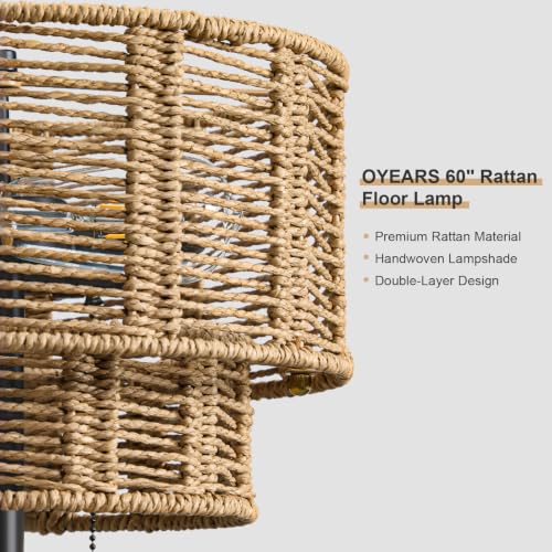 Farmhouse Floor Lamp with Rattan Shade - Black, 60-Inch Tall Living Room Lighting