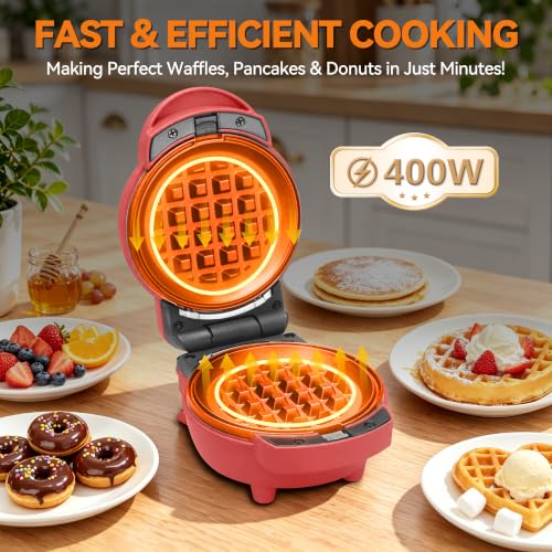 4-in-1 Mini Waffle Maker with Removable Plates - Red, Compact & Versatile