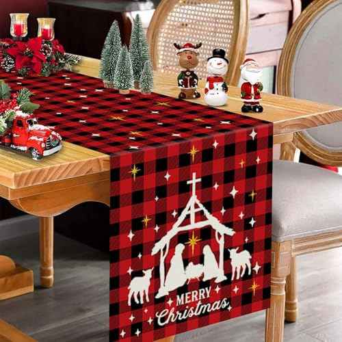 Jesus Christmas Decorations Table Runner Buffalo Plaid Holy Night Nativity Christ Seasonal Winter Merry Christmas Xmas Kitchen Dining Table Home Decor 13x72 Inch