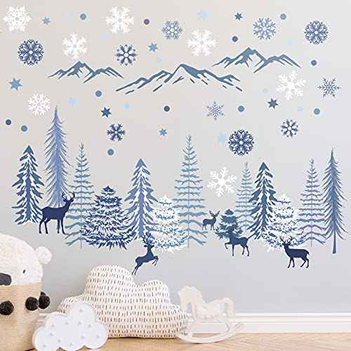 Teling 8 Pieces Winter Snowflake Wall Decals Stickers Dreamy Nursery Forest Woodland Trees Deer Pine Tree Wall Decals for Kids Room Winter Decor(Blue, White, Gray)