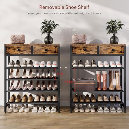 IBUYKE 5-Tier Shoe Rack with 2 Fabric Drawers - Rustic Brown, Fabric Variation