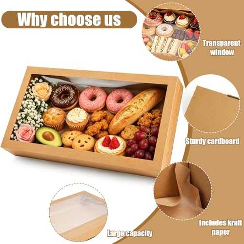 XL Bakery Gift Boxes with Window 22x9.8x3.15 Inch - Pack of 10, Cardboard Pastry & Cake Boxes