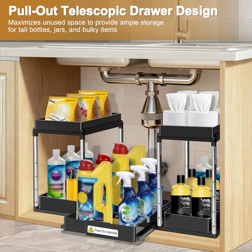 NIUXX Expandable Under Sink Organizer 27.9"L x 15.51"W Height Adjustable 2 Tier