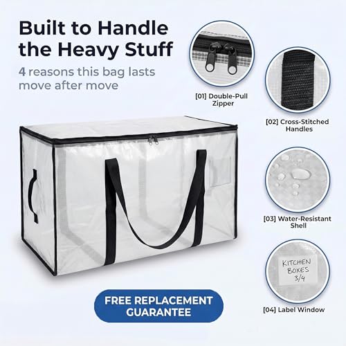 Heavy Duty Moving & Storage Bags with Lids - 12 Pack, Clear, 29" x 13" x 14" - Large Capacity, Reusable Organizers