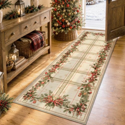 Lahome Beige 2x6 Christmas Runner Rug with Plaid & Pine Boughs