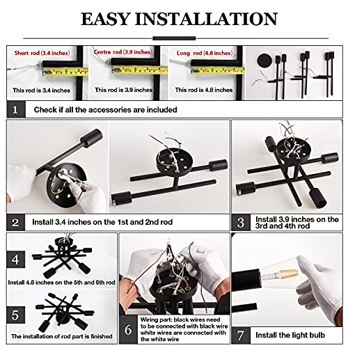 Semi Flush Mount Ceiling Light Fixture - Black Sputnik Chandelier with 6 E26 Bulb Base - Modern Farmhouse Style