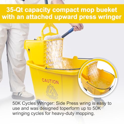 Kefanta 35 Qt Commercial Mop Bucket Set with Wringer on Wheels, Yellow