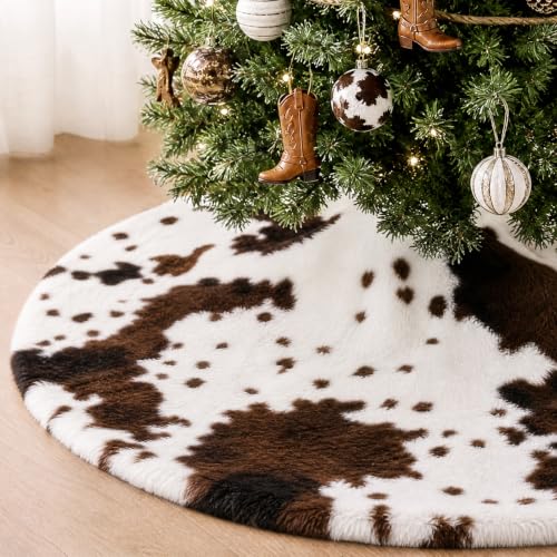 48 Inch Faux Fur Christmas Tree Skirt Black Cow Xmas Decoration for Holiday Decor