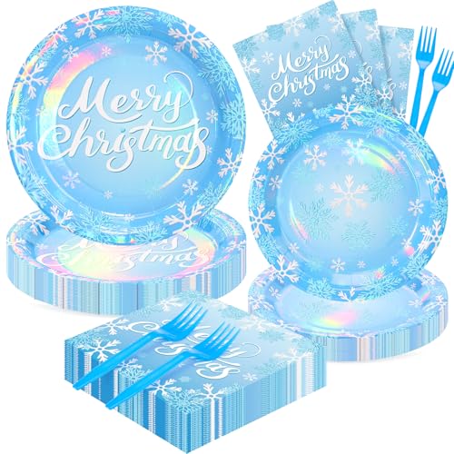 Xmas 96PCS Blue Snow Christmas Party Plates Napkins Forks Set - Fighting to Achieve