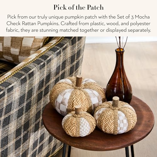 MacKenzie-Childs Rattan Pumpkin Set with Mocha Check, Fall Decor, Handmade Autumn Gift