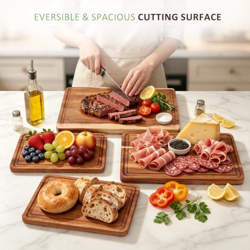 Acacia Wood Chopping Board Set of 4 - Large 16x12 Inch - Reversible & Juice Groove