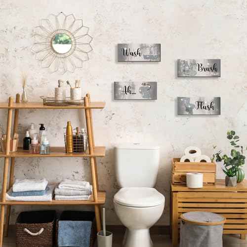 FENCORDAR 4 Pcs Silver Bathroom Decor Abstract Grey Black White Wall Decor Wooden Silver Bathroom Accessories Modern Funny Glitter Wall Art for Home Toilet Decoration 10x4 Inches