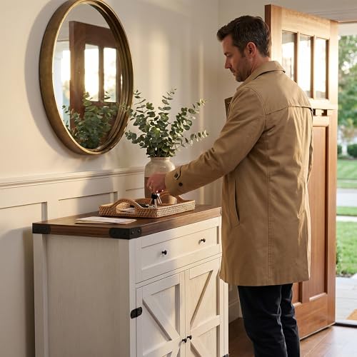 YESHOMY Farmhouse Kitchen Storage Cabinet with Adjustable Dividers - White & Brown, 1 Piece