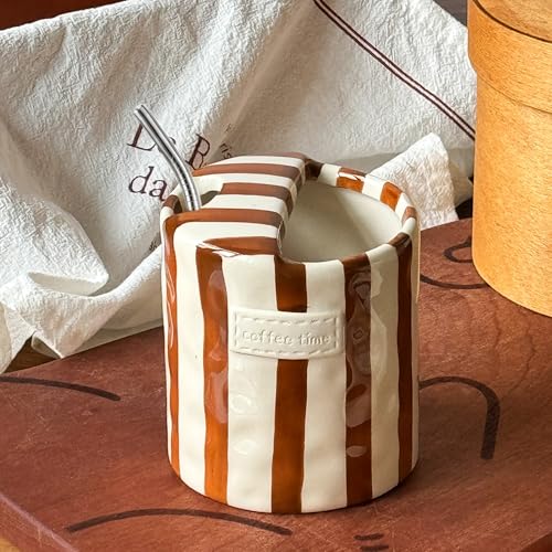 Meyerascal 10 oz Ceramic Mug with Stripes, No Handle, Straw Included – Coffee Time
