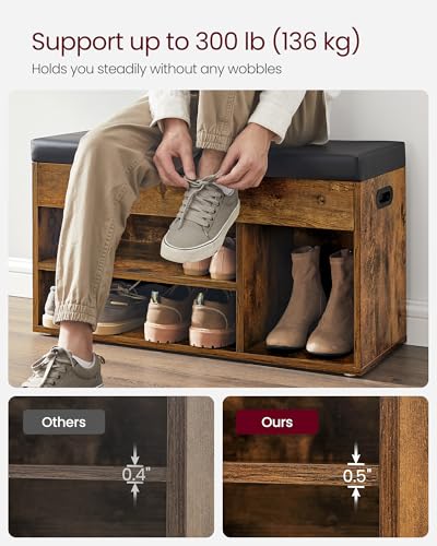 VASAGLE Storage Bench with Cushion, Shoe Storage, Rustic Brown + Ink Black, 31.5"W