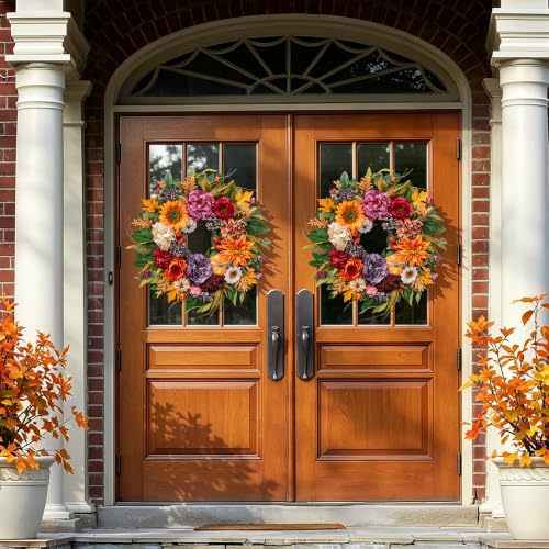 24 Inch Fall Wreath for Front Door Autumn Harvest Decor Lifelike Flowers