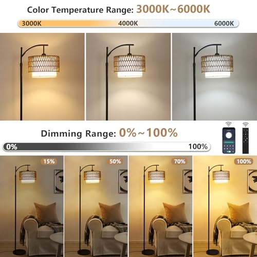 Rustic Arc Floor Lamp for Living Room & Bedroom with 3 Color Temperatures - Dimmable Boho Standing Lamp with Remote & Rattan Shade