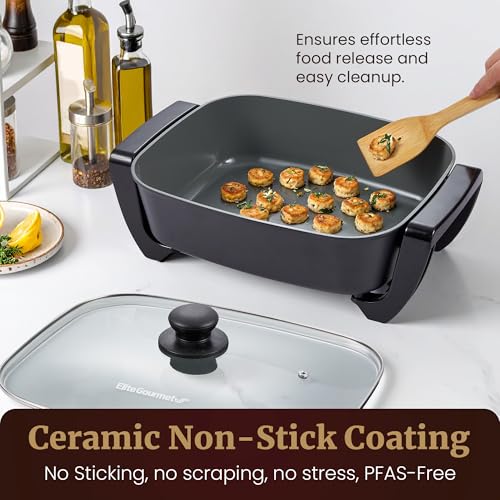 12.5Qt Electric Skillet with Ceramic Non-Stick Coating - PFAS-Free, 1500W, Adjustable Temp