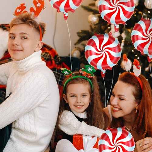 12 Pcs Red Candy Balloons, Christmas Foil Balloons, Large Candy Swirl Mylar Balloon Kit for Christmas Party Birthday Candy Themed Party Decorations