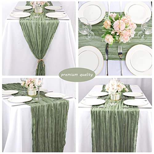 Dusty Sage Green Cheesecloth Table Runner 35x120 Inches for Boho Wedding & Party Decor - Set of 12