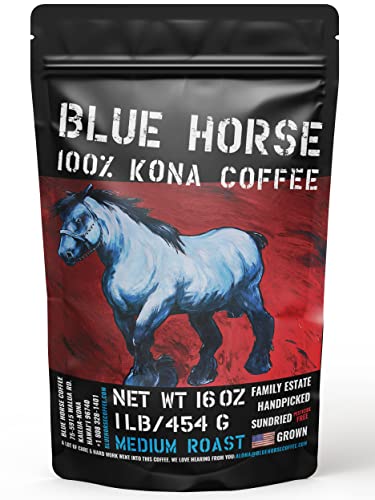 Blue Horse Kona Coffee 16 oz Medium Roast Whole Bean - Authentic Hawaiian Organic