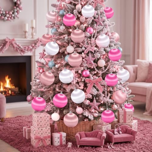Hungdao 18 Pcs Pink Satin Christmas Ornaments 3.15" Holiday Decor Set