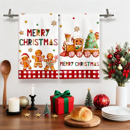 Mocsicka Christmas Kitchen Towels Set of 2 – 18x26 Gingerbread Decor, Premium Microfiber