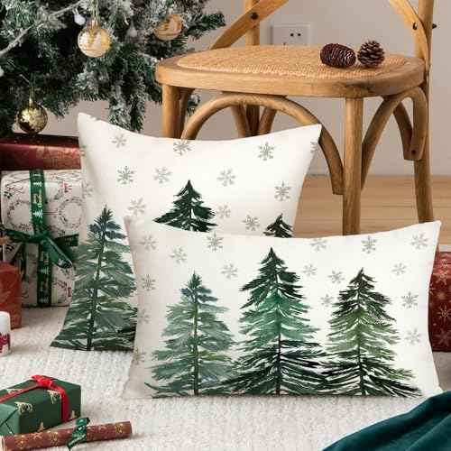 AACORS Christmas Pillow Cover 12X20 Inch Christmas Trees Snowflake Decorations Winter Pillow Case Decor for Home Sofa Couch£¨Green£© AA038-12