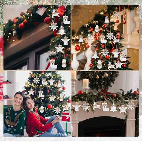 8 Pcs Rustic Christmas Tree Ornaments Wooden Angle Snowflake Reindeer Ornaments Farmhouse Christmas Tree Hanging Decorations for Xmas Home Office Fireplace Mantel Winter Party (White)