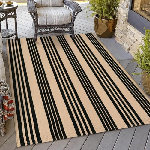 Outdoor Area Rug 4x6 ft Black and Tan Stripe Porch Decor - Tan/Black Variation