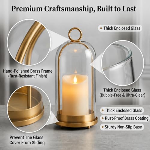 Gold Hurricane Candle Holders Set - Vintage Lanterns with LED Candles, 4” & 5”