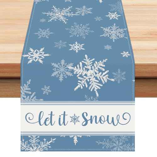 Bonhause Winter Christmas Table Runner 13x72 Inch Blue Snowflakes Let It Snow Xmas Seasonal Holiday Kitchen Dining Table Decoration for Indoor Outdoor Home Party Decor