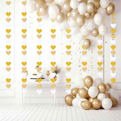 White-Gold Champagne Party-Decorations Heart Streamers Garland 52ft Hanging Streamers Banner Christmas Engagement Hanging Decoration Streamer Banner for Anniversary Wedding Birthday Bachelorette