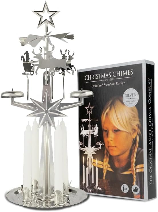 Original Swedish Christmas Chimes - Elegant Carousel with 4 Candles | Scandinavian Holiday Decor in Silver