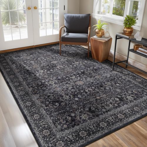 Dark 5x7 Area Rug for Living Room & Bedroom, Washable Non Slip Vintage Farmhouse Style - Midnight Variation