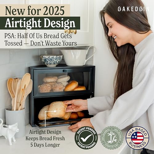 Black Corner Double-Layer Bread Box - Extra Large Bamboo Storage