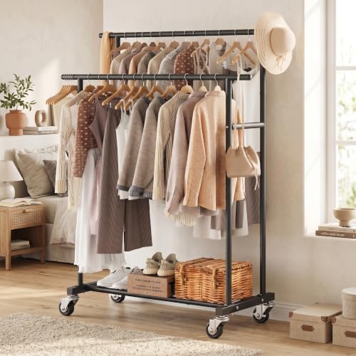 Calmootey Rolling Garment Rack, Sturdy Clothes Organizer for Bedroom