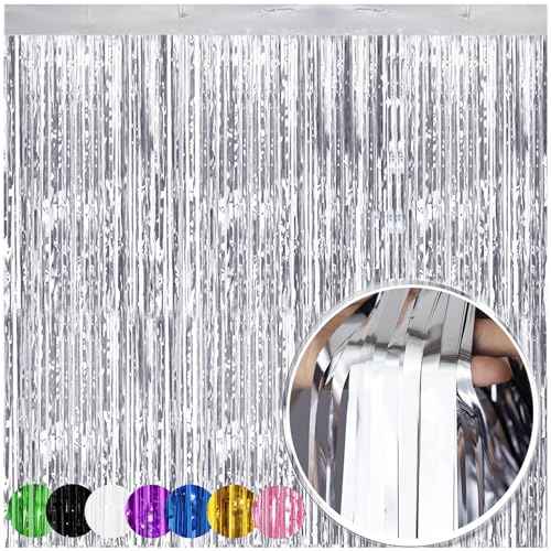 6 Pack Silver Foil Fringe Backdrop Curtains,3.28 ft x 8.2 ft Thicken Metallic Tinsel Streamer Party Decorations for Christmas New Year Birthday Wedding Graduation Party Decor Supplies