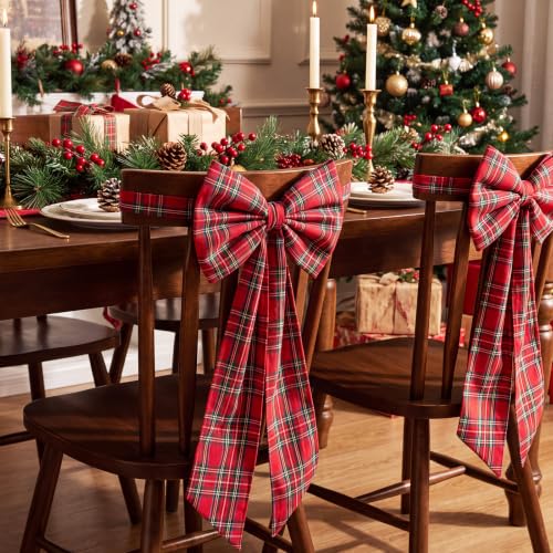 6pcs Christmas Chair Bows Decorations, 12x30in, Red, Tartan