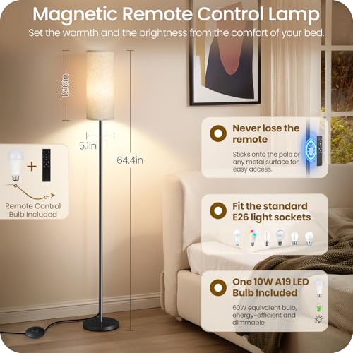Beige 64.4” Dimmable Floor Lamp with Remote & Foot Switch, 3 Color Temps